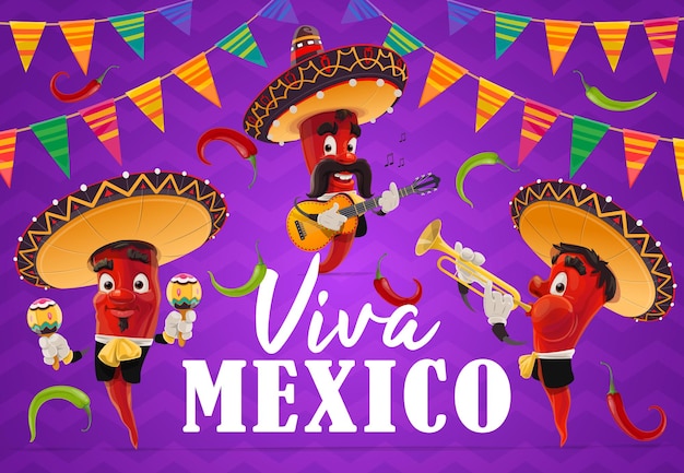 Personagens mexicanos do músico da pimenta malagueta do feriado de viva méxico. desenho animado de chili mariachi com sombrero mexicano, maracas, violão e trompete, jalapenos e guirlandas de bandeiras festivas