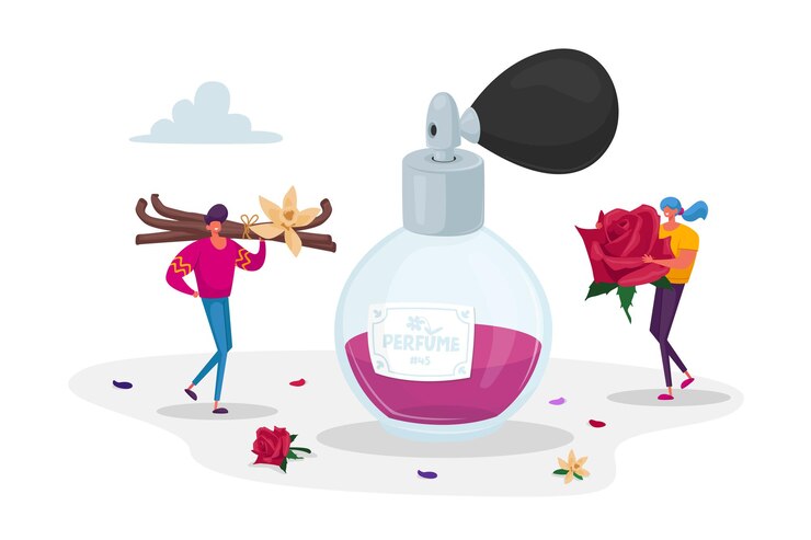 Vetor personagens minúsculos de perfumistas com ingredientes enormes para a criação de um novo perfume