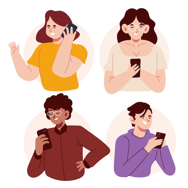 Personagens modernos de desenhos animados bonitos segurando um smartphone