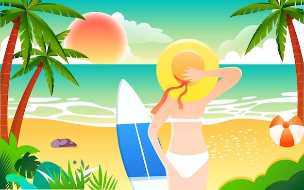 Personagens nadando e surfando à beira-mar no verão grande verão termo solar praia de verão