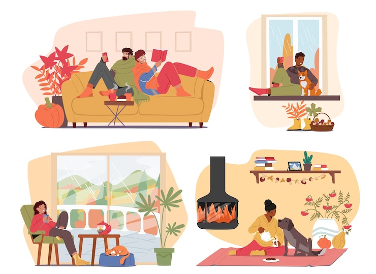 Vetor personagens passam tempo na aconchegante casa de outono com fogos crepitantes cobertores macios aromas condimentados cores da natureza dançam através de janelas convidando relaxamento e conforto cartoon pessoas ilustração vetorial