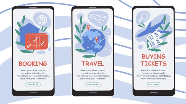 Personagens planos de desenhos animados na tela do aplicativo para smartphonestravel modelos de interface de aplicativos on-line móveis design ...