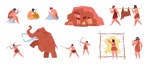 Personagens pré-históricos da vida de pessoas primitivas caçando mamute homem das cavernas fazendo ferramentas e arte rupestre caçadores da idade da pedra com conjunto de vetores de armas