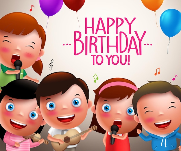 Personagens vetoriais infantis cantando feliz aniversário e tocando instrumentos musicais felizes