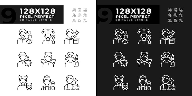 Personalidades pixel ícones lineares perfeitos definidos para o modo de luz escura