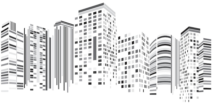 Vetor perspectiva de construção de paisagem urbana edifício moderno no horizonte da cidade silhueta da cidade arranha-céus da cidade ilustração do centro de negócios em design plano