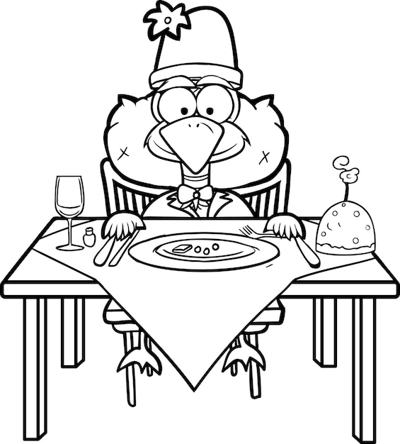 Peru de desenho animado sentado à mesa de jantar de Natal, preto e branco, página para colorir.