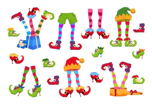 Pés de elfo. Os elfos usam sapatos e chapéu. Perna de anão de Natal em calças com conjunto isolado de presentes de Papai Noel