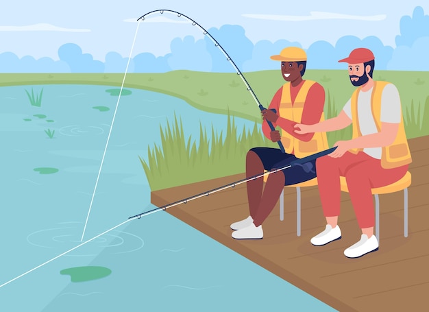 Pesca com ilustração em vetor amigo cor lisa. Passatempo recreativo. Homens sentados iscando peixes. Relaxe na vida selvagem. Fishers sentados com varas personagens de desenhos animados 2D com paisagem no fundo