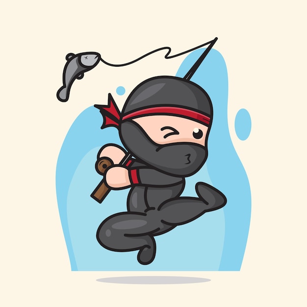 Vetor pesca ninja chibi fofa com ilustração de desenho animado