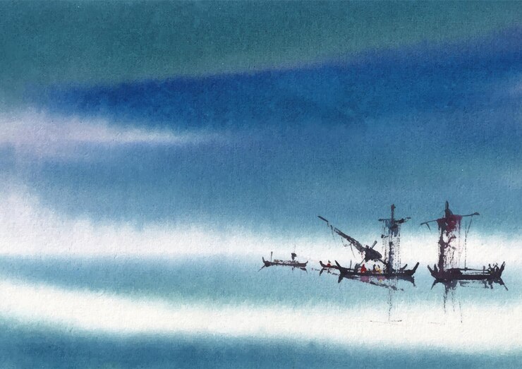 Vetor pescador com barco na pintura em aquarela do rio