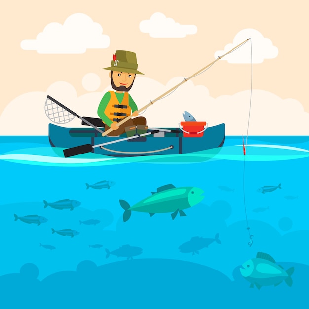 Pescador, ligado, um, barco, vetorial, ilustração