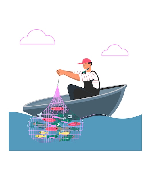 Pescador puxando uma rede colorida em um mar calmo sob um céu limpo