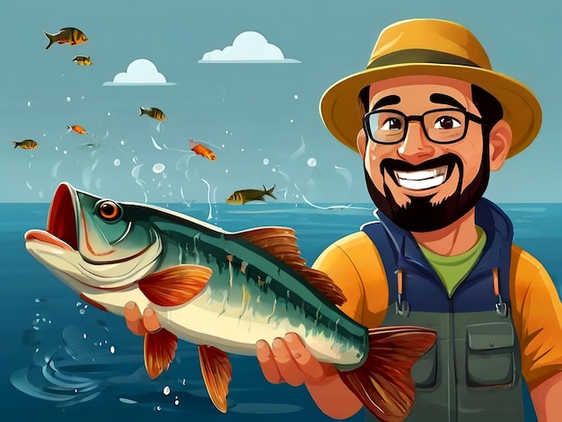 Pescador vetorial feliz com a sua captura isolada