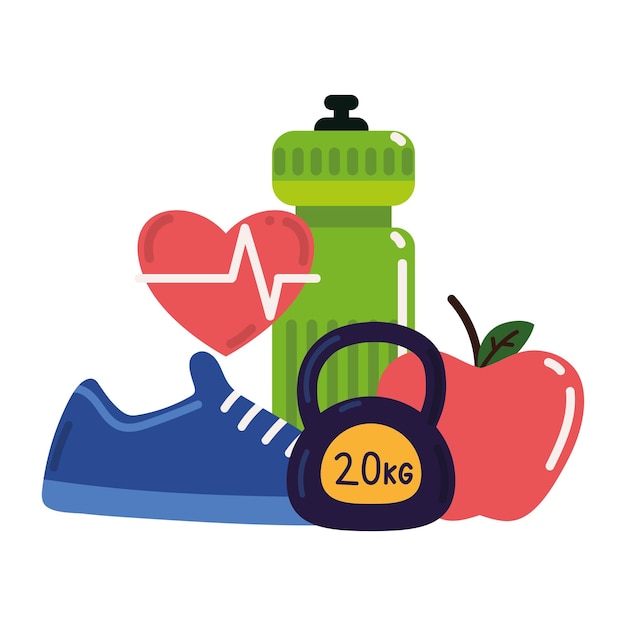 Vetor peso e frutas do estilo de vida fitness