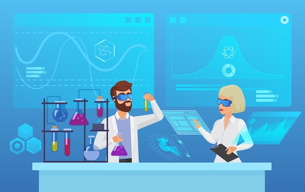 Pesquisa científica de laboratório futurista, bioquímica, farmácia, conceito de experimento de biotecnologia