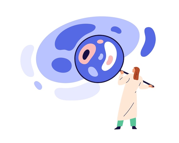 Pesquisa científica médica em laboratório Cientista estudando células com lupa analisando examinando vírus em laboratório científico Ilustração vetorial gráfica plana isolada em fundo branco