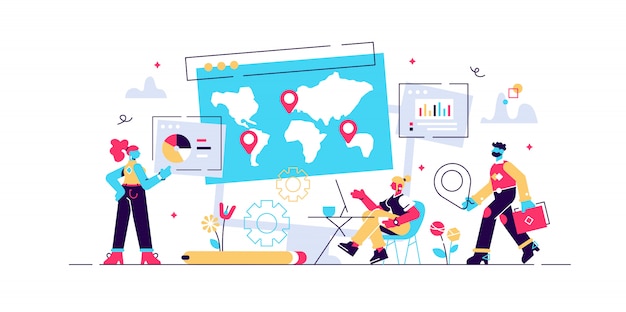 Pesquisa de negócios globais, estratégia internacional de extensão de empresas. Painel de mídia social, interface de marketing on-line, conceito de métricas de mídia social. ilustração criativa do conceito isolado