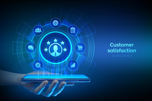 Pesquisa de satisfação do cliente e análise de feedback Usando tecnologia de IA e automação em marketing para serviço ao cliente Smartphone nas mãos Usando smartphone Ilustração vetorial