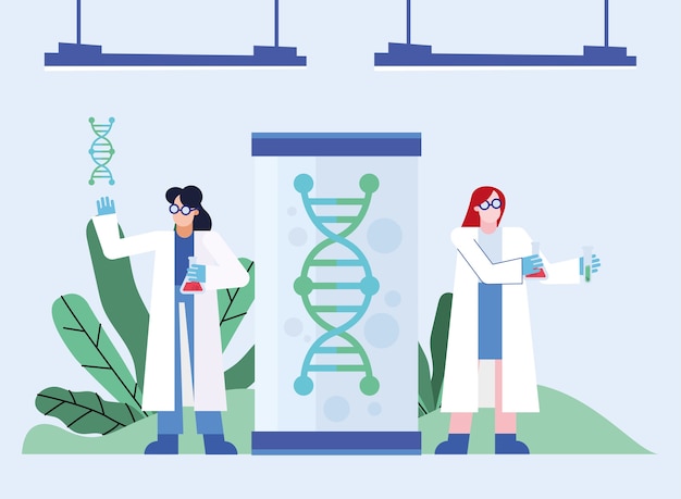 Pesquisa de vacina de vírus covid 19 e mulheres químicas com design de dna de 2019 ncov cov e ilustração vetorial do tema coronavírus