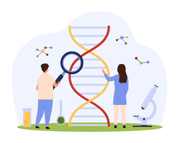 Pesquisa genética de DNA e teste genético em laboratório por minúsculas pessoas com lupa