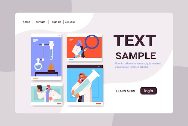 Pesquisadores árabes trabalhando com tubos de ensaio em janelas de navegador da web cientistas fazendo experimentos químicos em laboratório