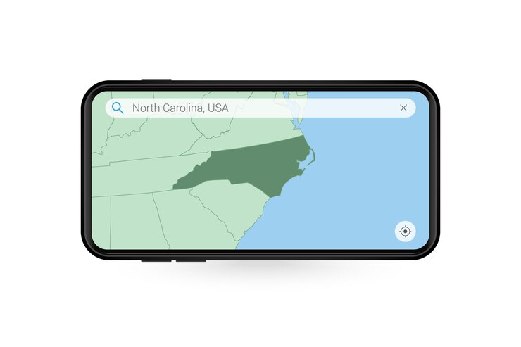 Vetor pesquisando o mapa da carolina do norte no aplicativo de mapa para smartphone
