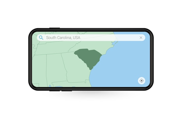 Pesquisando o mapa da carolina do sul no aplicativo de mapa do smartphone. mapa da carolina do sul no celular.