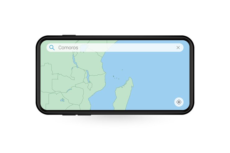 Vetor pesquisando o mapa das comores no aplicativo de mapa do smartphone. mapa de comores no celular.