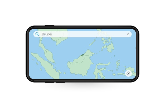 Pesquisando o mapa de brunei no aplicativo de mapa do smartphone. mapa de brunei no celular.