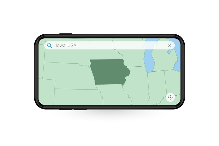Vetor pesquisando o mapa de iowa no aplicativo de mapa para smartphone mapa de iowa no celular