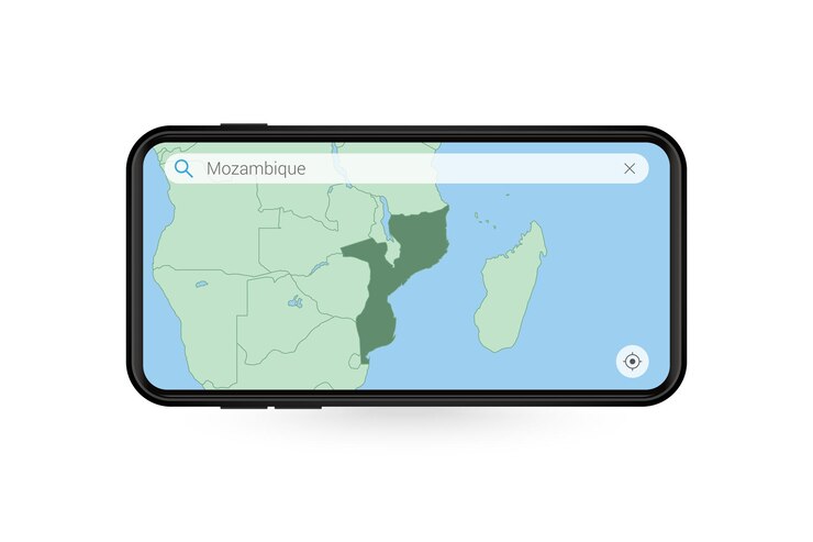 Vetor pesquisando o mapa de moçambique no aplicativo de mapa para smartphone. mapa de moçambique em celular.