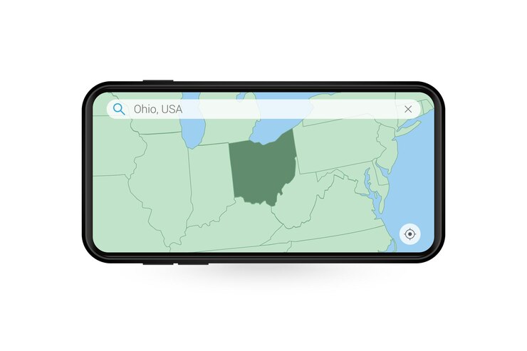 Vetor pesquisando o mapa de ohio no aplicativo de mapa para smartphone