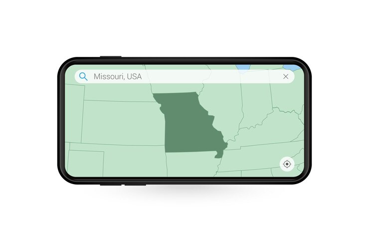 Vetor pesquisando o mapa do missouri no aplicativo de mapa do smartphone. mapa do missouri no celular.