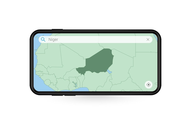 Vetor pesquisando o mapa do níger no aplicativo de mapa do smartphone. mapa do níger no telefone celular.