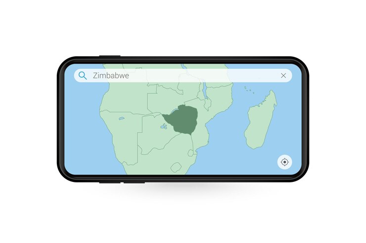 Vetor pesquisando o mapa do zimbábue no aplicativo de mapa do smartphone. mapa do zimbábue no celular.
