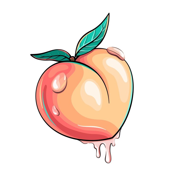 Vetor pêssego suculento em forma de bunda, em forma de coração, frutas com suco cai ilustração de estilo de desenho animado