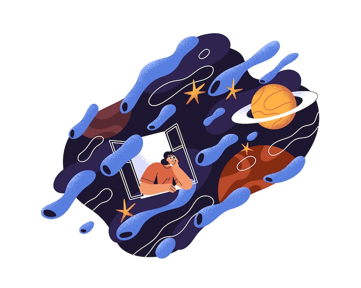 Vetor pessoa assistindo milagre espacial, planetas. mulher curiosa olhando pela janela, explorando o fenômeno do cosmos, maravilha do universo. conceito de imaginação. ilustração vetorial plana isolada sobre fundo branco.