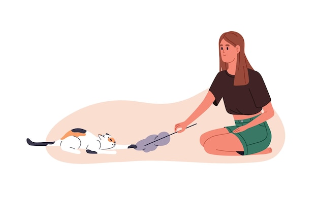 Pessoa brincando com gato bonito em casa jovem mulher e gatinho brincalhão se divertindo garota feliz entretendo gatinho doce animado divertido animal felino ilustração vetorial plana isolada no fundo branco