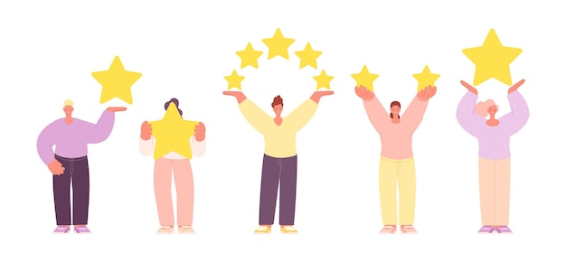 Pessoa com estrelas estrela de classificação nas mãos das pessoas clientes felizes com feedback positivo personagens isolados de sucesso homem mulher conjunto de vetores de comentários