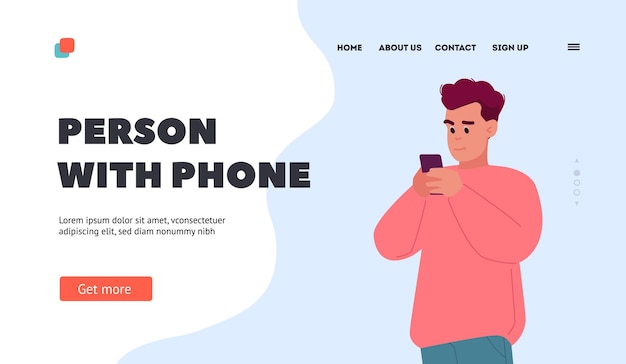 Pessoa com modelo de página inicial de telefone Jovem com personagem masculino móvel se comunicando em redes de mídia social