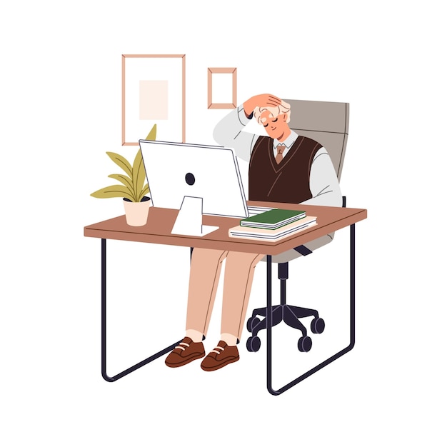 Pessoa com trabalho sedentário estende o pescoço na mesa do computador Trabalhador de escritório faz treino de ioga em cadeira em casa No local de trabalho, o empregado faz exercícios físicos Ilustração vetorial isolada plana em branco