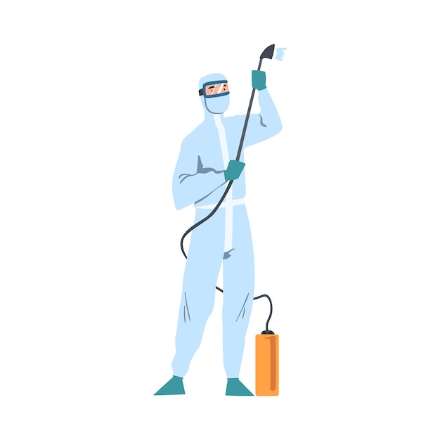 Pessoa de fato protetor antiviral branco pulverizando desinfetante Medidas preventivas contra a propagação da infecção por coronavírus Ilustração de vetor de estilo de desenho animado
