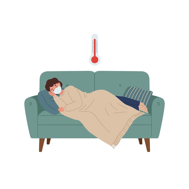 Pessoa doente descansando no sofá sentindo-se doente com febre