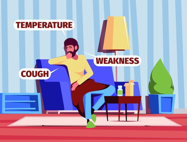 Pessoa doente no sofá recreação pessoa de medicamento de saúde familiar de gripe para prevenção de fundo plano colorido vetor berrante