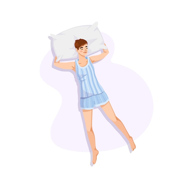 Pessoa dormindo de pijama com um travesseiro em uma ilustração vetorial de fundo claro