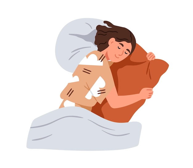 Pessoa dormindo deitada na cama vista superior Menina feliz dormindo em travesseiros macios Mulher jovem dormindo sonhando descansando relaxando sob o cobertor Ilustração vetorial plana isolada em fundo branco