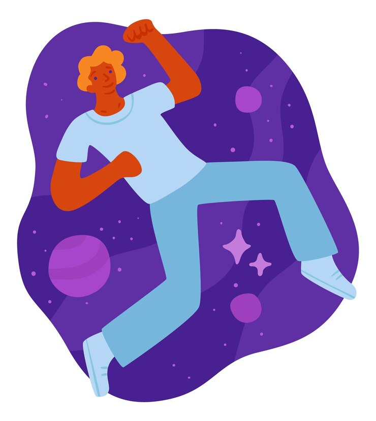 Vetor pessoa dos sonhos do espaço jovem flutuando entre estrelas isoladas no fundo branco