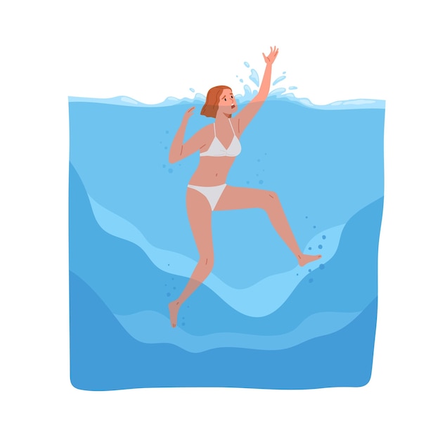 Pessoa em pânico afundando no mar. Mulher em perigo na água, pedindo ajuda com as mãos. Nadadora se afogando debaixo d'água. Acidente de verão. Ilustração em vetor plana isolada no fundo branco