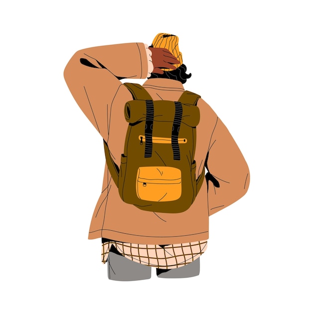 Pessoa em pé pensando tomar decisão zero cabeça vista traseira pessoas viajam com saco de mochila turista em outono quente camping caminhadas roupa plana ilustração vetor isolado em fundo branco